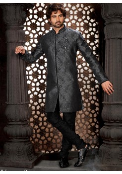 Designer Brocade Grey Indo Western Sherwani